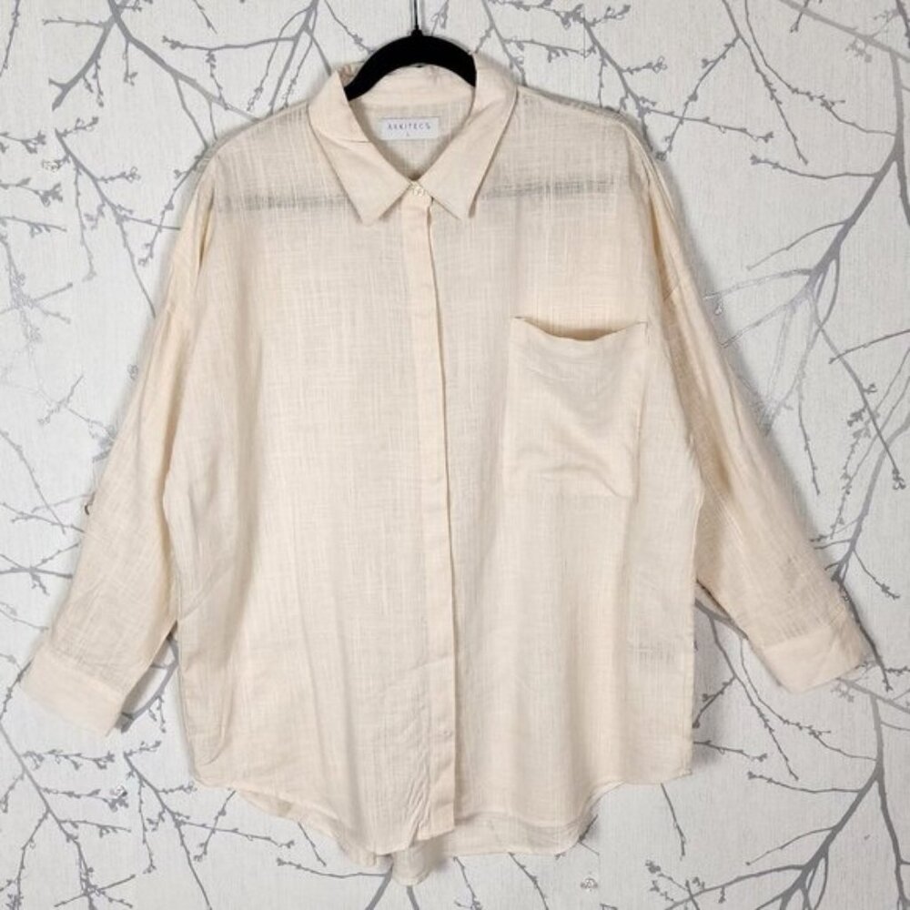 Arkitect Beige Linen Blend Button Up Shirt Roll Tab Sleeve Minimalist Loose